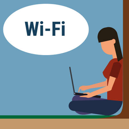 Girl Sitting On Groud Outdoors Use Laptop Computer Internet Through Wifi Wireless Online Connection Vector Illustrationのイラスト素材