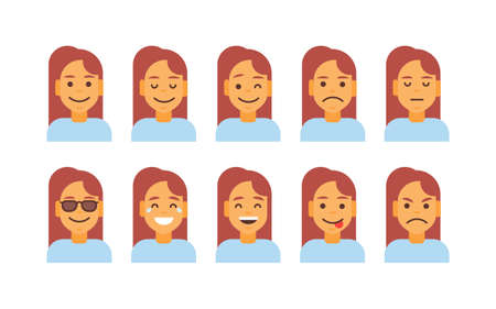 Profile Icon Female Different Emotion Set Avatar, Woman Cartoon Portrait Face Collection Vector Illustrationのイラスト素材