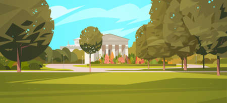 Summer City Park With Town Building Background Green Trees And Wooden Bench Vector Illustrationのイラスト素材