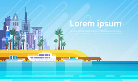 Dubai City Skyscraper View Cityscape Background Skyline with Copy Space Flat Vector Illustrationのイラスト素材