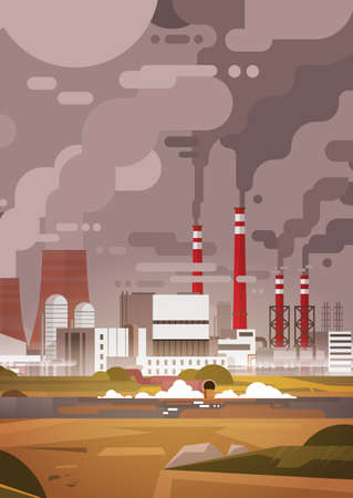 Nature Pollution Plant Pipe Dirty Waste Air And Water Polluted Environment Flat Vector Illustrationのイラスト素材