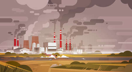 Nature Pollution Plant Pipe Dirty Waste Air And Water Polluted Environment Flat Vector Illustrationのイラスト素材