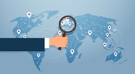 Hand Hold Magnifying Glass Over World Map Searching Place For Vacation Gps Pin Vector Illustrationのイラスト素材