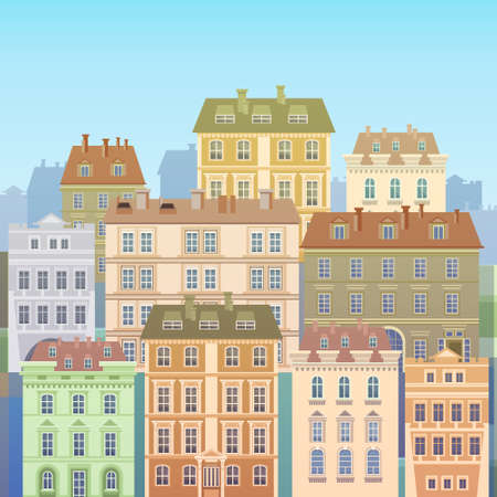 Cartoon Houses Buildings Old Town View Banner Skyline Flat Vector Illustrationのイラスト素材