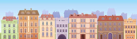 Cartoon Houses Buildings Old Town View Banner Skyline Flat Vector Illustrationのイラスト素材