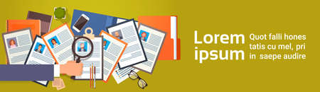 Curriculum Vitae Recruitment Candidate Job Position, Hand Hold Magnifying Glass Choose CV Profile Business People to Hire Vector Illustrationのイラスト素材