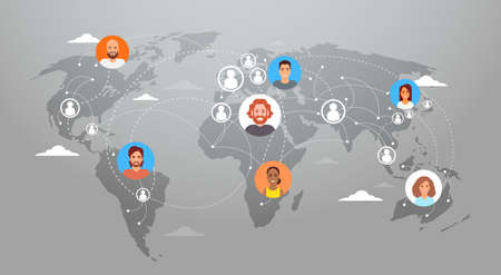 Social Media Communication World Map Concept Internet Network Connection People Flat Vector Illustrationのイラスト素材