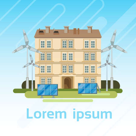 House Building With Wind Turbine And Solar Panels Eco Real Estate Energy Efficient Flat Vector Illustrationのイラスト素材