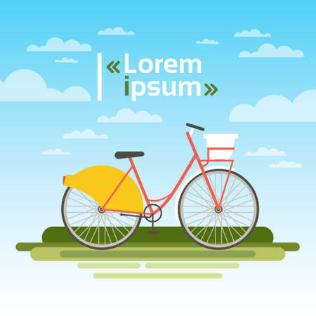 Bicycle Outdoors On Green Grass Over Blue Sky No People Ecological Clean Transport Concept Flat Vector Illustrationのイラスト素材