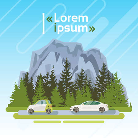 Electrical Cars On Road Over Mountains Summer Landscape Forest Ecological Friendly Transport Flat Vector Illustrationのイラスト素材