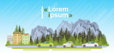 Electrical Cars On Road Over Mountains Summer Landscape Forest Ecological Friendly Transport Flat Vector Illustrationのイラスト素材