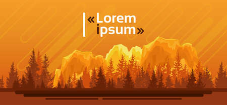 Silhouette Summer Landscape Mountain Forest Sky Woods Flat Vector Illustrationのイラスト素材