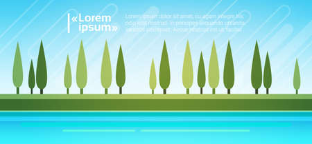 Summer Landscape Mountain Forest Trees On River Bank Sky Woods Flat Vector Illustrationのイラスト素材