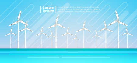 Wind Turbine Energy Renewable Water Station Sea Background Flat Vector Illustrationのイラスト素材