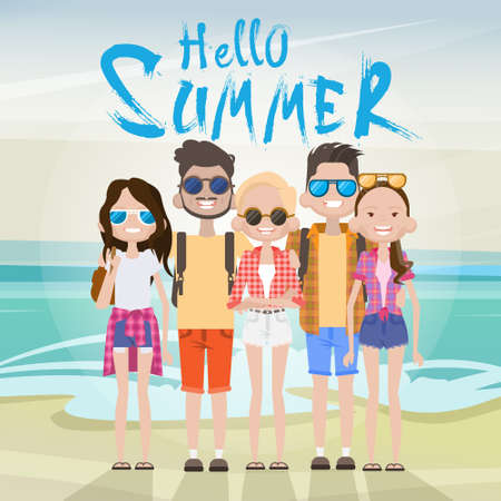 Young People Group On Sea Shore Sand Beach Summer Vacation Tourist On Holiday Concept Flat Vector illustrationのイラスト素材