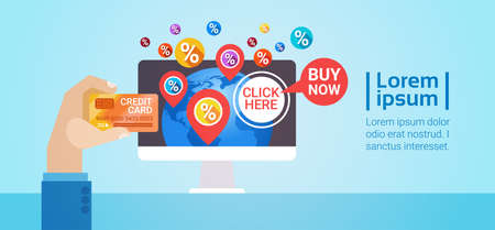 Hands Holding Credit Card Discount Tag Sale Online Shopping Special Offer Banner Flat Vector Illustrationのイラスト素材