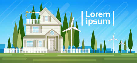 House Building With Wind Turbine Eco Real Estate Energy Efficient Flat Vector Illustrationのイラスト素材