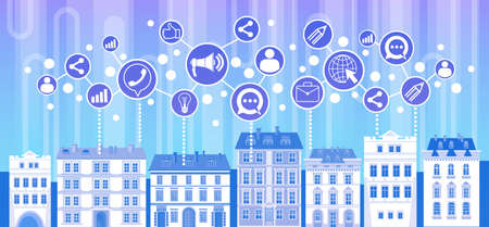 Social Media Communication Internet Network Connection Icons City Skyscraper View Cityscape Background Vector Illustrationのイラスト素材