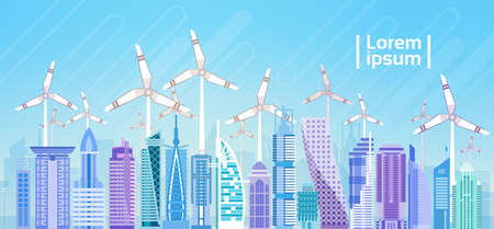 City Skyscraper View Cityscape Wind Tribune Renewable Energy Source Flat Vector Illustrationのイラスト素材