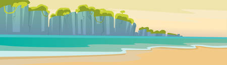 Hello Summer Beach Vacation Sand Tropical Seaside Ocean Mountain View Flat Vector Illustrationのイラスト素材
