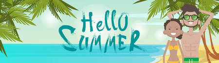 Couple On Beach Hello Summer Vacation Tropical Seaside Ocean View Flat Vector Illustrationのイラスト素材