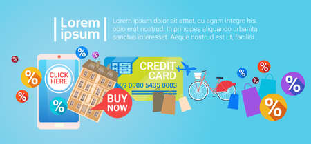 Credit Card Discount Tag Sale Online Shopping Special Offer Banner Flat Vector Illustrationのイラスト素材