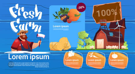 Farmer Standing Near Farm Building Eco Farming Infographics Fresh Domestic Food Concept Flat Vector Illustrationのイラスト素材
