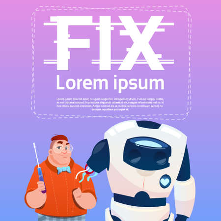Man And Robot Fixing, Robotic Assistance Artificial Intelligence Concept Flat Vector Illustrationのイラスト素材