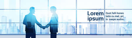 Two Silhouette Businessman Hand Shake, Business Man Handshake Agreement Concept Modern Office Background Flat Vector Illustrationのイラスト素材