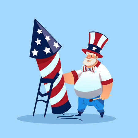 Man Wearing American Flag Colored Hat Holding Firework Rocket Celebrate United States Independence Day Holiday Flat Vector Illustrationのイラスト素材