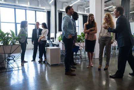 Mix Race Businesspeople Meeting Communication Discussion Standing In Modern Ofiice, Business Man And...