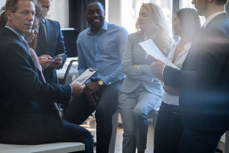 Mix Race Businesspeople Meeting Communication Discussion, Business Man And Woman Working Together Brainstorming Office Workers Conceptの写真素材