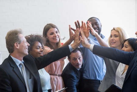 Mix Race Business People Group Cheerful Giving High Five, Happy Smiling Businesspeople Team...