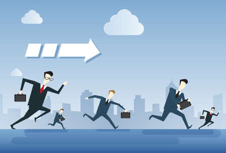 Business People Group Run Team Leader Under Arrow Competition Concept Flat Vector Illustrationのイラスト素材
