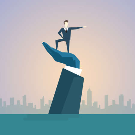 Business Man Standing On Big Businessman Hand Point Finger Flat Vector Illustrationのイラスト素材