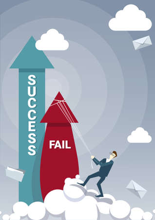 Business Man Hold Fail With Rope While Sucess Arrow Growing Up Flat Vector Illustrationのイラスト素材