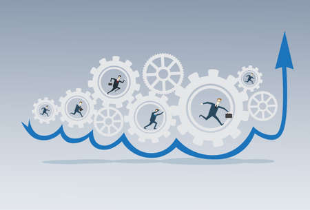 Business People Group Running In Cog Wheel Work Together Brainstorming Process Strategy.のイラスト素材