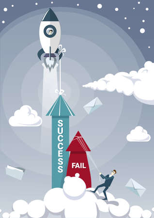 Business Man Hold Fail With Rope While Success Arrow Growing Up With Space Ship Rocket Flying Successful Startup.のイラスト素材