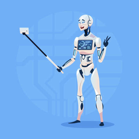 Modern Robot Taking Selfie Photo Futuristic Artificial Intelligence Technology Concept Flat Vector Illustrationのイラスト素材