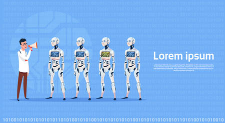 Man Leading Modern Robot Group Futuristic Artificial Intelligence Technology Concept Flat Vector...