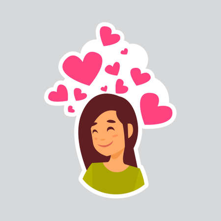 Girl Smiling Over Heart Shape Sticker For Messenger, Label Icon Colorful Logo Vector Illustrationのイラスト素材