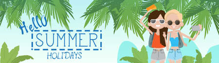 Two Girls On Summer Beach Vacation Concept Seaside Tropical Holiday Banner Flat Vector Illustrationのイラスト素材