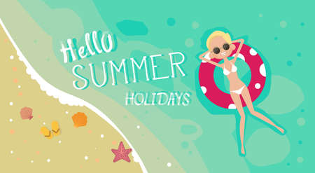Woman Lying On Summer Beach Vacation Seaside Sand Tropical Holiday Banner Flat Vector Illustrationのイラスト素材