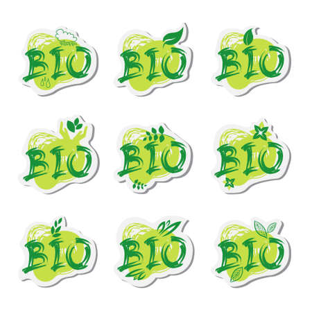 Eco Friendly Organic Natural Bio Product Web Icon Set Green Logo Collection Flat Vector Illustrationのイラスト素材