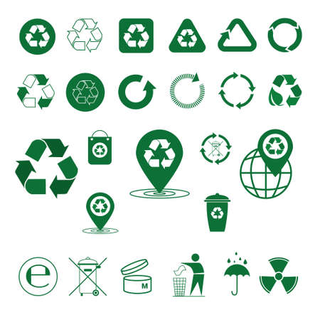 Recycle Waste Symbol Green Arrows Logo Set Web Icon Collection Vector Illustrationのイラスト素材