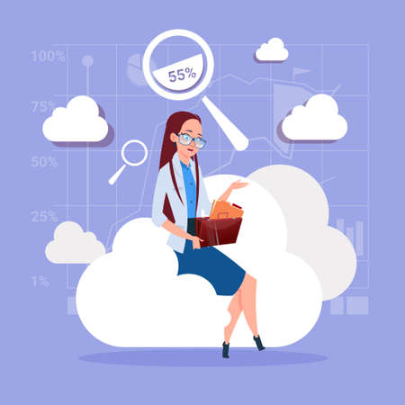 Business Woman Sitting On Cloud Search Data In Database Storage Flat Vector Illustrationのイラスト素材