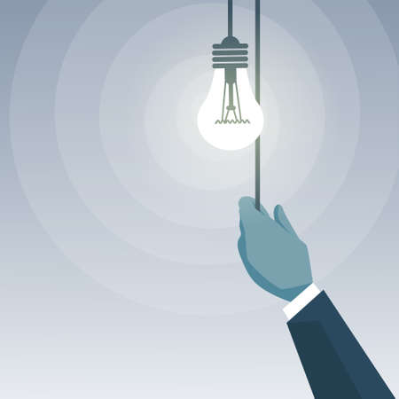 Business Man Hand Switching Light Bulb New Creative Idea Concept Flat Vector Illustrationのイラスト素材