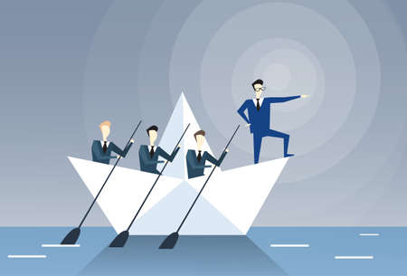 Businessman Leading Business People Team Swim In Boat Teamwork Leadership Concept Flat Vector Illustrationのイラスト素材