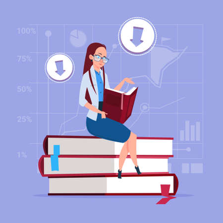 Business Woman Sitting On Books Stack Reading Education Concept Flat Vector Illustrationのイラスト素材