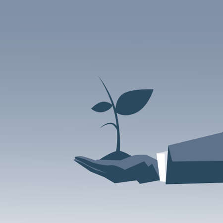 Business Man Hand Holding Plant Project Growth Concept Vector Illustrationのイラスト素材